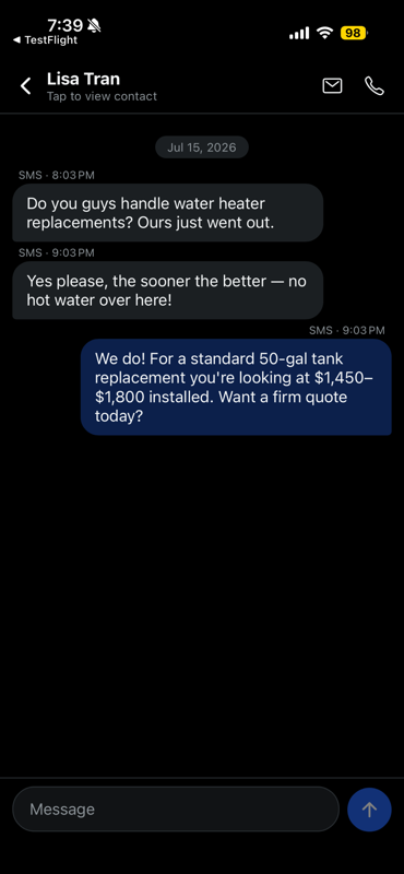 A text conversation with the agent, which asks whether the caller is a first-time or returning customer